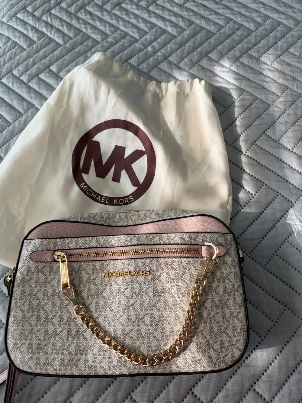 Michael Kors Beige and Pink Logo Crossbody with Gold Chain